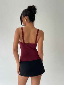 Aloruh Women's Burgundy Lace Patchwork Deep Sweetheart Neck Fitted Camisole Sexy,Sexy Tops,Red Top,Christmas - Burgundy - View 3