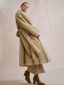 SHEIN Stylify Women's Casual Fluffy Faux Fur Straight Coat, Minimalist Design, Autumn/Winter - Khaki - View 2