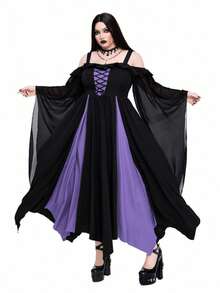 Whyspr Váy dài thắt eo họa tiết chắp vá màu tương phản phong cách Gothic cỡ lớn dành cho nữ - Màu tím hoa cà - Xem 4