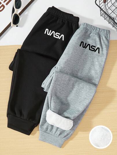 SHEIN Tween Boy Two Pieces Casual Style Color-Blocked Pattern Thermal Lined Sweatpants, Perfect For Fall And Winter, Available In Black And Gray,Cozy Fall & Winter Styles,Christmas,Thanksgiving,Winter,Winter Clothes,