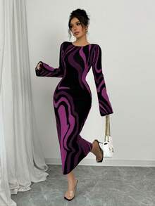 Elenzga Women's Color Block Fitted Waist All-Over Print Long Sleeve Sweater Dress - Purple - View 3