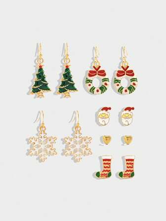 Kawaii 12 pezzi Set di orecchini natalizi carini, inclusi pendenti a forma di albero di Natale, calza, Babbo Natale, fiocco di neve, corona, regalo di gioielli per moglie/figlia per Natale e Capodanno