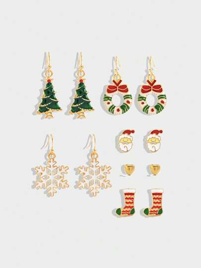 Kawaii 12pcs Cute Christmas Earrings Set, Including Christmas Tree, Stocking, Santa Claus, Snowflake, Wreath Pendant, Jewelry Gift For Wife/Daughter For Christmas And New Year