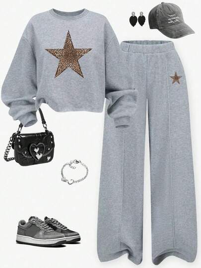 Cozy Fall & Winter Styles Leopard Print & Star Graphic Casual Pullover Sweatshirt And Straight Leg Pants 2 Pieces Set, Comfortable Outfit For Teenage Girls Girl Y2k Outfit Star Pants Grey Outfit Teen Y2k Outfit Grey Girls Outfit