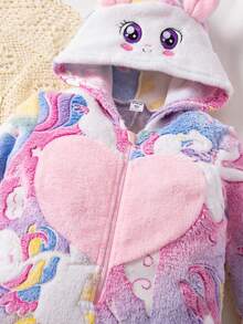 年轻女孩可爱夜光紫色毛绒刺绣脸连帽长袖舒适休闲连体裤家居服 - 紫色 - 查看 5