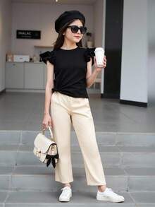 SHEIN Tween Girl Solid Color Round Neck Cap Sleeve Casual T-Shirt - Black - View 7