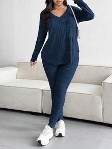 Vionelle Plus Size Solid Color Ribbed V-Neck Long Sleeve Top And Pants Set, Casual For Autumn