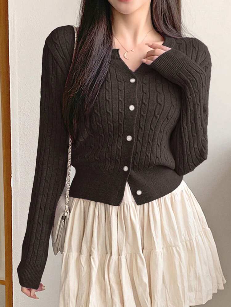 Women's Casual Solid Color Cable Knit Cardigan, Autumn
