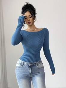 SHEIN Elenzya Sexy Off Shoulder Vintage Cable Knit Slim Fit Ribbed Cuff Long Sleeve Sweater For Women, Autumn/Winter - Teal Blue - View 5