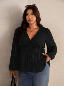 Elaquor Plus Size Women's Casual Solid Color V-Neck Long Sleeve Shirt Plus Size Black Tops Black Babydoll Top/Fall/Winter - Black - View 6