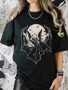 Mujer camiseta casual gótica arte murciélago luna estampada tela suave holgada cuello redondo manga corta primavera verano fiesta - Negro - Ver 1