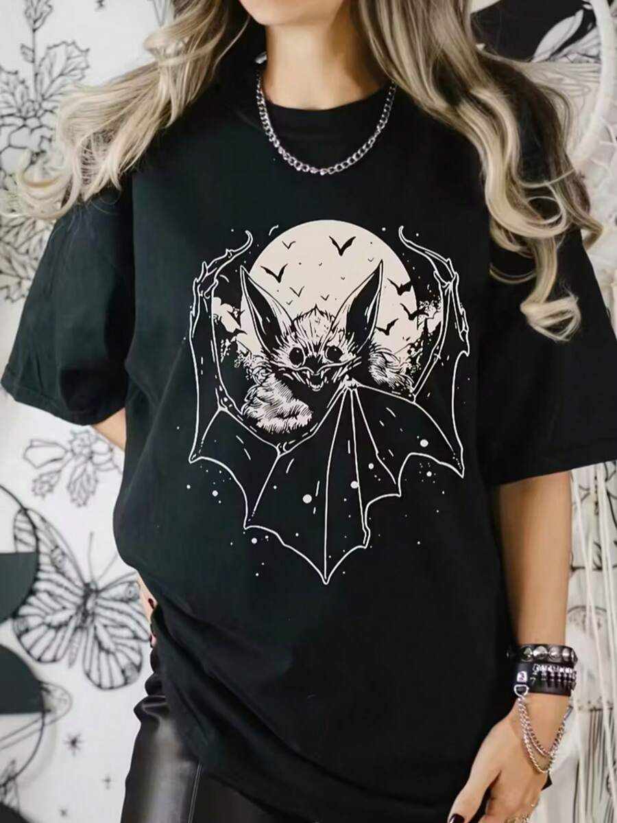 Mujer camiseta casual gótica arte murciélago luna estampada tela suave holgada cuello redondo manga corta primavera verano fiesta - Negro - Ver 1