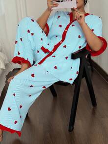 Eraneu Striped Heart Print Contrast Color Open Front Plus Size Short Sleeve Pajama Set - Multicolor - View 5