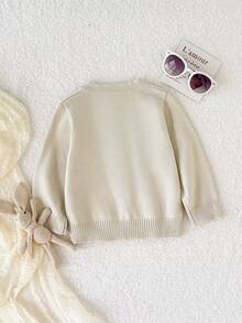 Playful Pals Baby Girl Cute Bow Embroidered Knitted Cardigan Sweater - Beige - View 2