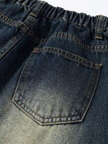 Tween Boys Denim Two Pieces Outfits, Casual Fashion Versatile Collared Long Sleeve Jacket + Elastic Waist Zipper Fly Straight Leg Jeans Denim Suit Designer Jeans For Kids - Dark Wash - View 9