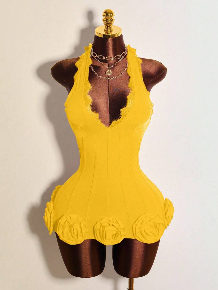 Mistrie Váy cổ yếm họa tiết hoa 3D ren tương phản gợi cảm dành cho nữ, mùa hè - Màu vàng - Xem 1