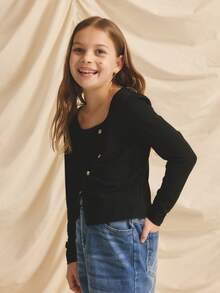 Tween Girl Solid Color Square Neck Fitted Long Sleeve T-Shirt - Black - View 4