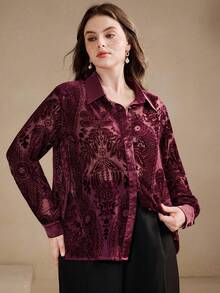 Anewsta Áo sơ mi nữ cỡ lớn màu đỏ vintage, chất liệu nhung, thiết kế họa tiết cháy xém, dáng rộng, thích hợp cho trang phục lễ hội, ngày Valentine, hoặc đi nghỉ mát. - Đỏ - Xem 6