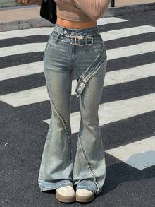 Rivivi Jeans évasés décontractés à taille haute avec boucle à œillet pour femmes - Bleu azur - Voir 1