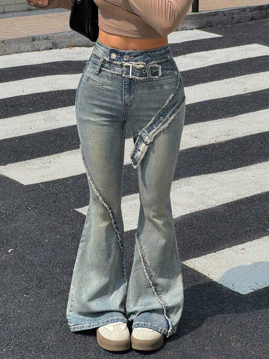 Rivivi Jeans évasés décontractés à taille haute avec boucle à œillet pour femmes - Bleu azur - Voir 1