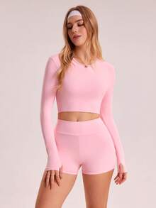 Sovereign Charm 女式纯色圆领长袖露背T恤和紧身裤运动套装 - 粉色 - 查看 2