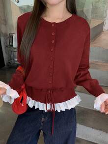 DAZY Patchwork Contrast Color Ruffle Splice Long Sleeve Round Neck Drawstring Tie Casual Sweater For Women, Autumn/Winter - Red - View 2