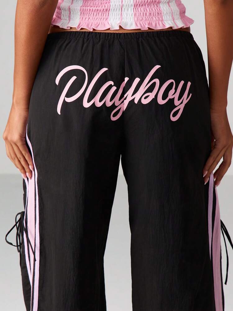 Missguided x Playboy Casual Wide Leg Cargo Pants With Ruched Details And Side Stripe Embellishments For Streetwear