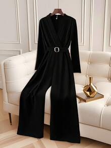 GlowEve Bộ đồ liền thân dài tay quấn eo thanh lịch - màu đen - Xem 1