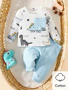 SHEIN 新生男宝宝白坑图案卡通恐龙图案印花拼接绿口袋长袖上衣配绿裤两件套可爱休闲运动时尚新品 - 藍色 - 查看 2