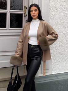 SHEIN EZwear 女士纯色落肩长袖仿毛皮袖口和腰带设计时尚大衣，秋冬棕色女式大衣 - 咖啡棕 - 查看 5