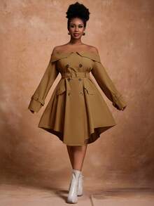 Slaydiva Robe asymétrique à épaules dénudées et double boutonnage pour femmes grandes tailles, couleur unie, robe kaki d'automne pour femmes, robe marron café, robe marron élégante pour femmes - Marron - Voir 6