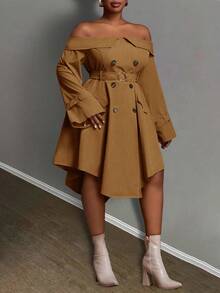 Slaydiva Robe asymétrique à épaules dénudées et double boutonnage pour femmes grandes tailles, couleur unie, robe kaki d'automne pour femmes, robe marron café, robe marron élégante pour femmes - Marron - Voir 9