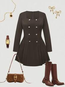 Vionelle 大码女式双排扣金属纽扣领连衣裙，收腰，褶边下摆，复古学院风 - 鏽棕色 - 查看 8