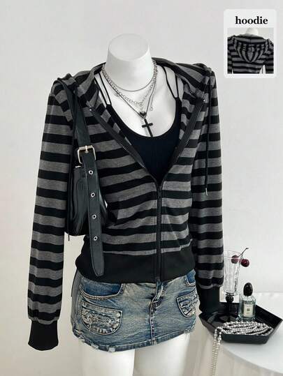 Elamini Gray & Black Striped Long Sleeve Loose Ribbed Zip-Up Sweatshirt For Women, Elegant & Cute, Suitable For School, Graduation, Casual, Sports, Daily Wear In Autumn/Winter