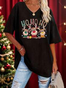 EMERY ROSE Camiseta feminina plus size com estampa de rena de Natal, manga curta, gola V, ideal para primavera e verão - Preto - Ver 1
