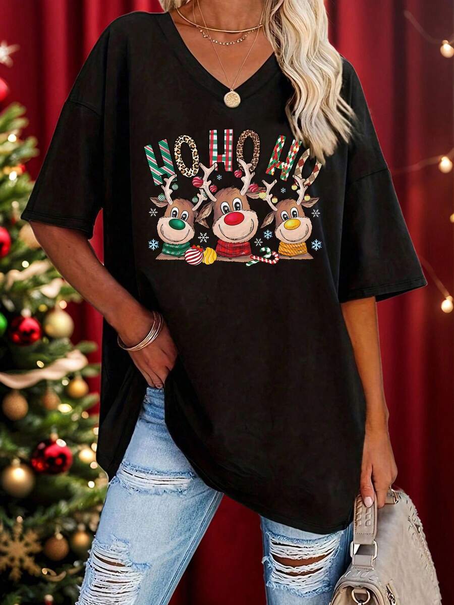 EMERY ROSE Camiseta feminina plus size com estampa de rena de Natal, manga curta, gola V, ideal para primavera e verão - Preto - Ver 1