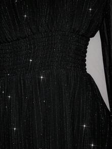 SHEIN ICON 大码亮片 V 领褶饰 A 字裙，波西米亚风、嬉皮风、Y2K 风、派对裙，适合秋季、暑假、音乐节、毕业典礼和返校季 - 黑色 - 查看 5