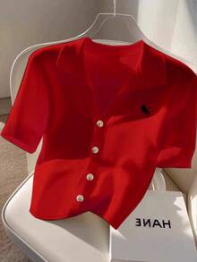 Franclia Áo len cardigan dệt kim thêu cổ polo tay ngắn cỡ lớn dành cho nữ - Đỏ - Xem 1