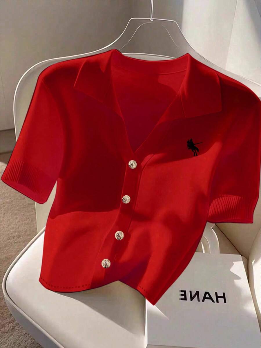 Franclia Áo len cardigan dệt kim thêu cổ polo tay ngắn cỡ lớn dành cho nữ - Đỏ - Xem 1