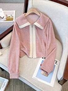 Franclia 立领拉链落肩上衣+拼布斜口袋休闲裤 - 粉色 - 查看 3