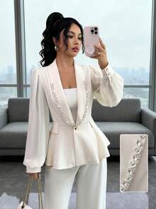 Rafferiza Women's Elegant Rhinestone Embellished Chiffon Patchwork Shawl Neck Single-Breasted Long Sleeve Blazer