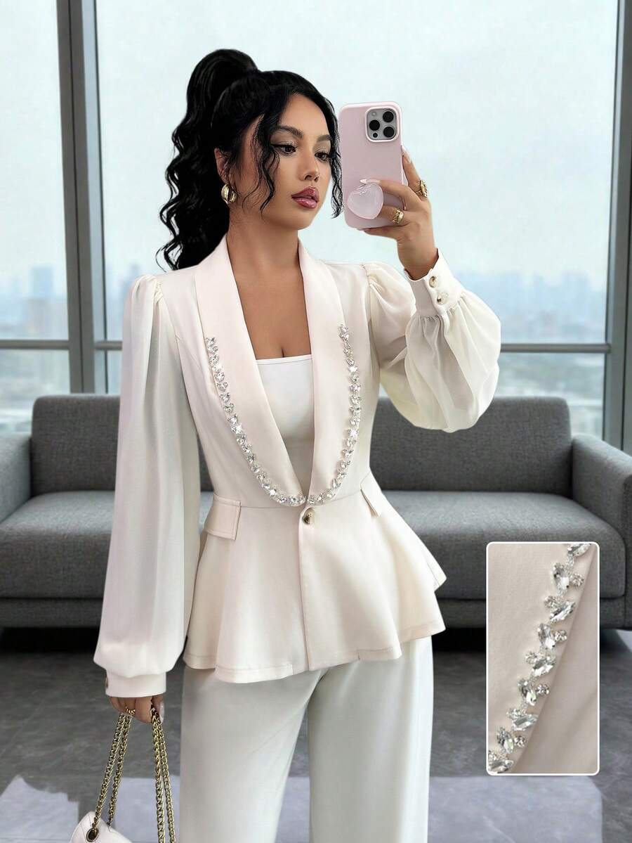 Rafferiza 女士优雅水钻装饰雪纺拼布披肩领单排扣长袖西装外套 - 杏色 - 查看 1