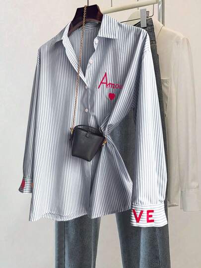 Franclia Classic Striped Long Sleeve Shirt, Delicate Embroidered Pattern, Loose & Comfortable Fit