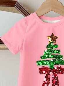SHEIN Kleine Mädchen Happikins Fröhliche Weihnachten süßer glitzernder strukturierter Stern & Schleife Weihnachtsbaum Muster pudrig rosa festliche lässige minimalistische Rundhals Kurzarm T-Shirt, geeignet für Sommer Weihnachten - Verschiedenfarbig - Übersicht 6