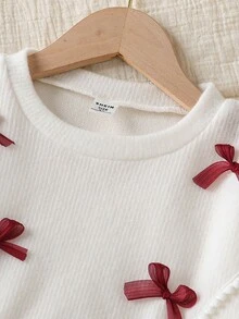 Genkimix Kids 2pcs/Set Tween Girl Christmas Autumn/Winter Korean Fashion Chic Girls Outfit, Bow Decor Sweet Round Neck Long Sleeve Top + Pleated Skirt 2 Pieces - Red - View 7