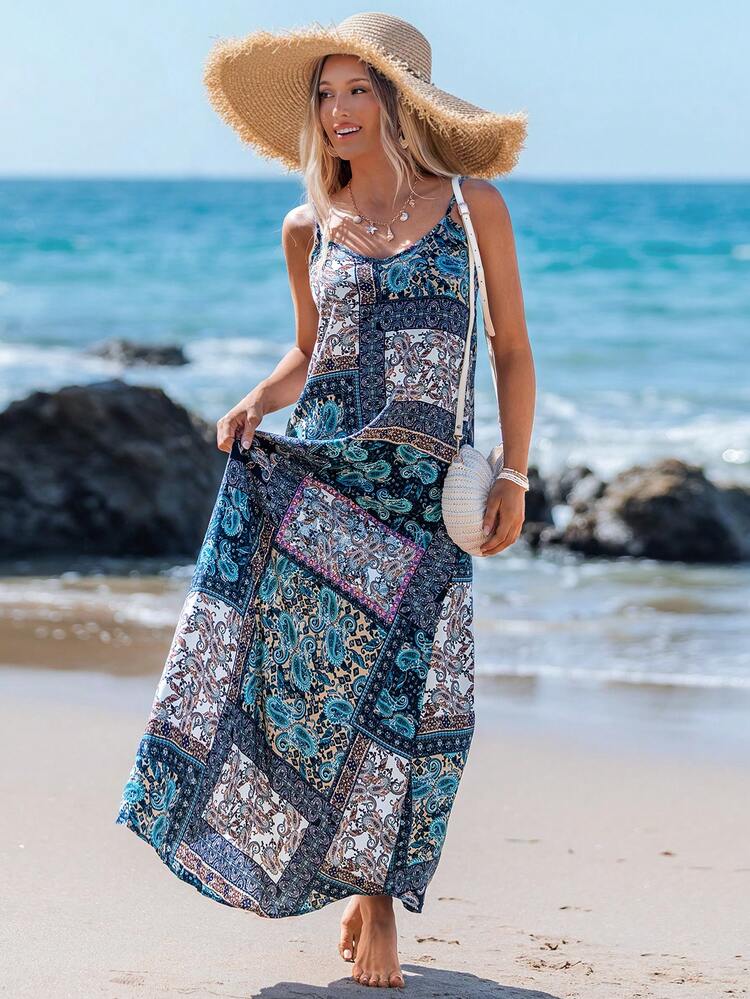 Women Summer Holiday Loose Peasent Print Spaghetti Strap Dress
