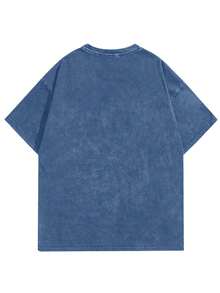 Claim Dot 男士简约印花圆领短袖水洗棉质T恤 - 藍色 - 查看 2