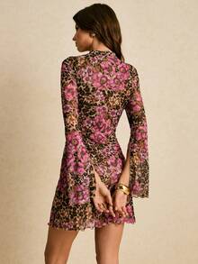 Poéselle 女式豹纹喇叭袖迷你连衣裙 - 粉色 - 查看 7