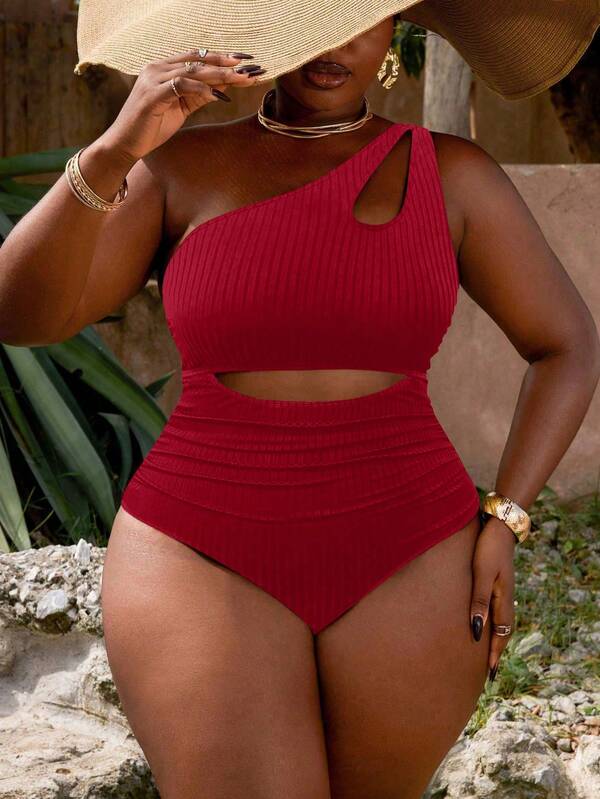 Slaydiva Plus Size Women's Black Ribbed One-Shoulder Hollow-Out Pleated One Piece Swimsuit, Casual & Vacation