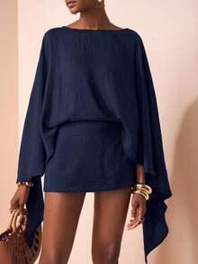 Zivah 2025秋冬新款通勤优雅休闲度假宽松棕色长袖衬衫+短裙两件套，旅行、通勤、聚会、度假、复古风格、购物、宴会、优雅、派对、约会、休闲-A - 藏蓝色 - 查看 1